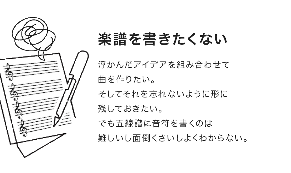 楽譜を書きたくない 浮かんだアイデアを組み合わせて曲を作りたい。そしてそれを忘れないように形に残しておきたい。でも五線譜に音符を書くのは難しいし面倒くさいしよくわからない。