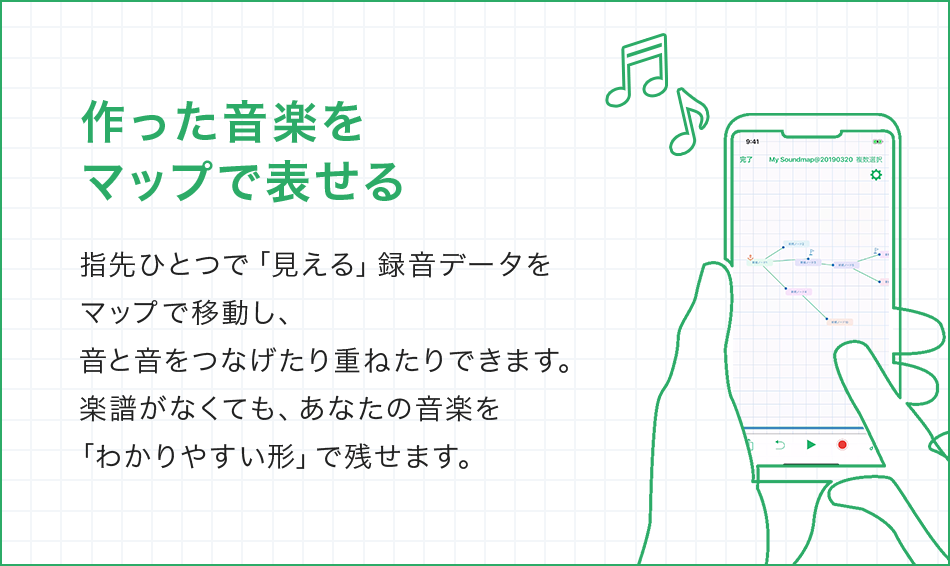 作った音楽をマップで表せる 指先ひとつで「見える」録音データをマップで移動し、音と音をつなげたり重ねたりできます。楽譜がなくても、あなたの音楽を「わかりやすい形」で残せます。