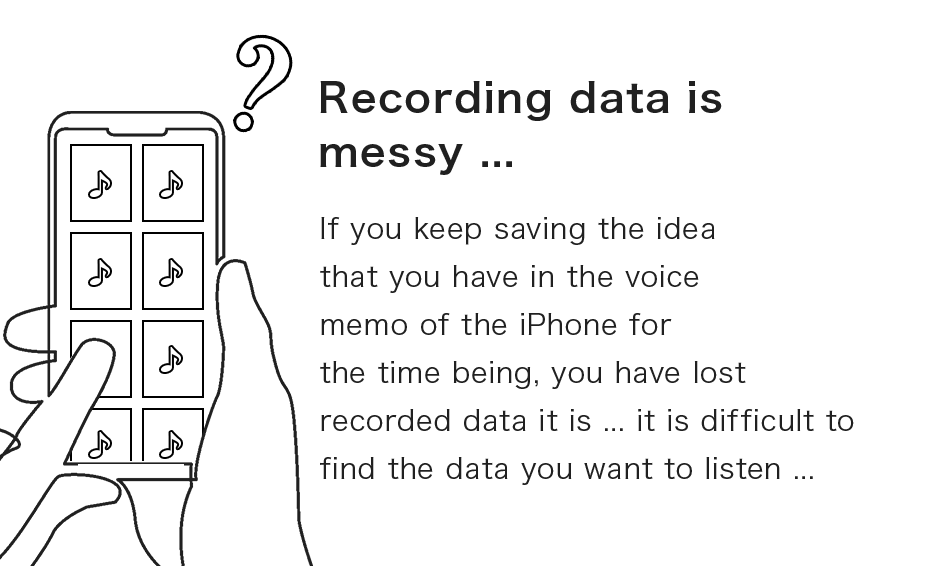 Recording data is messy ...If you keep saving the idea that you have in the voice memo of the iPhone for the time being, you have lost recorded data it is ... it is difficult to find the data you want to listen ... 